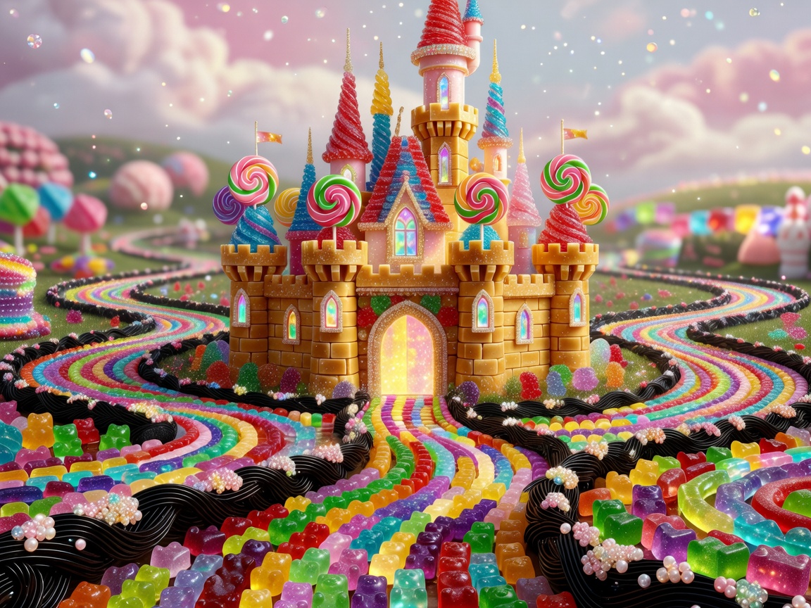 Beautiful magical candy castle and colorful pathways