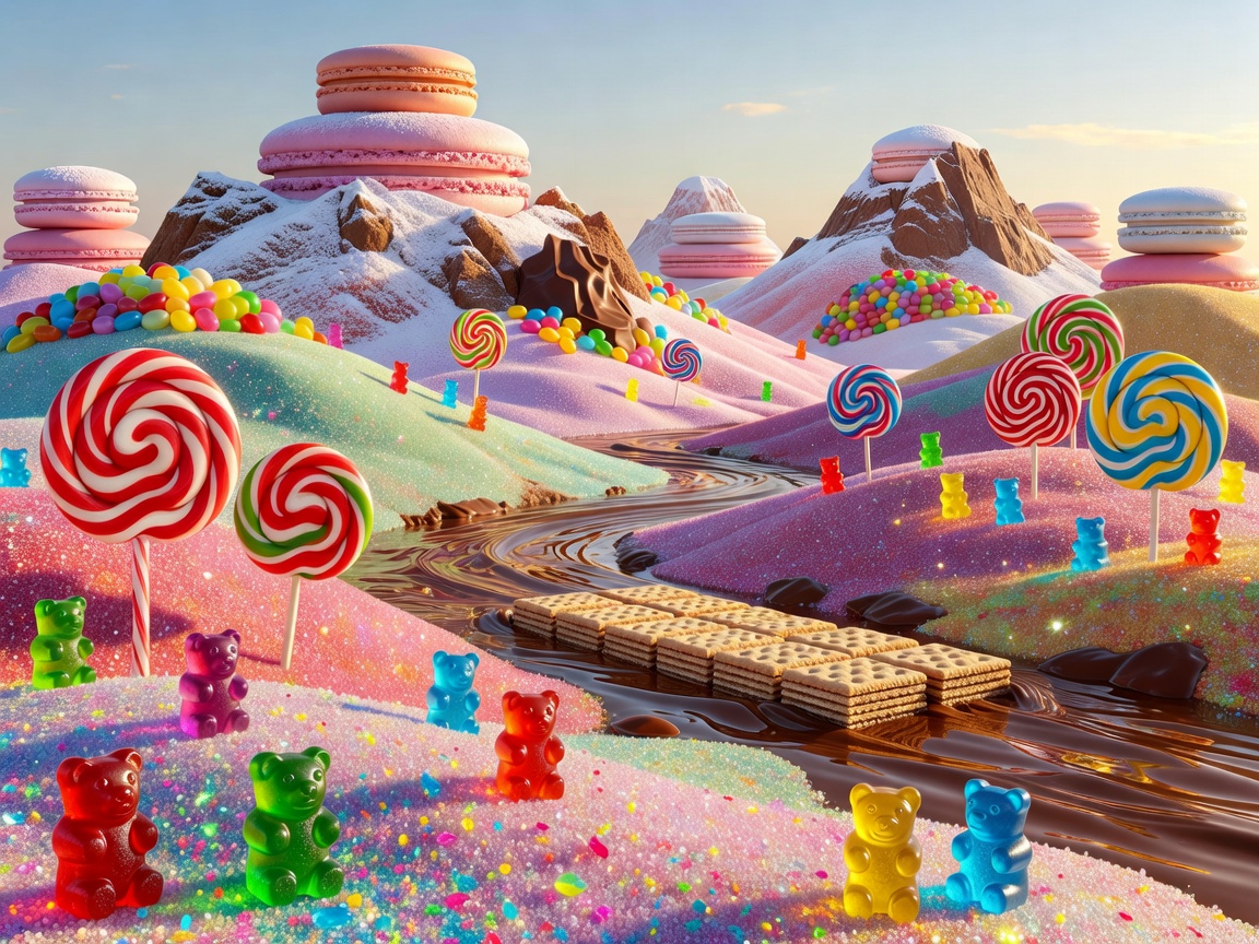 Colorful candy landscape and playful dessert adventure