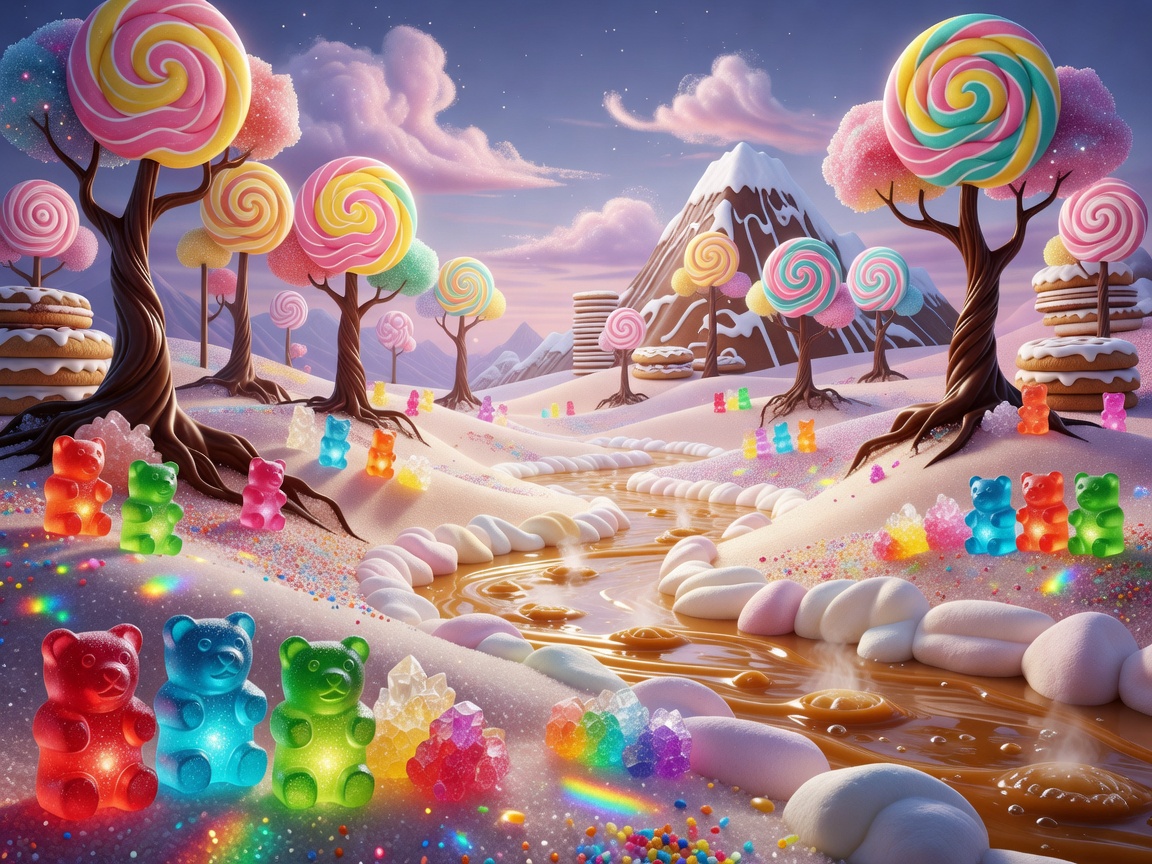 Colorful glowing candy treats and magical sweet landscape